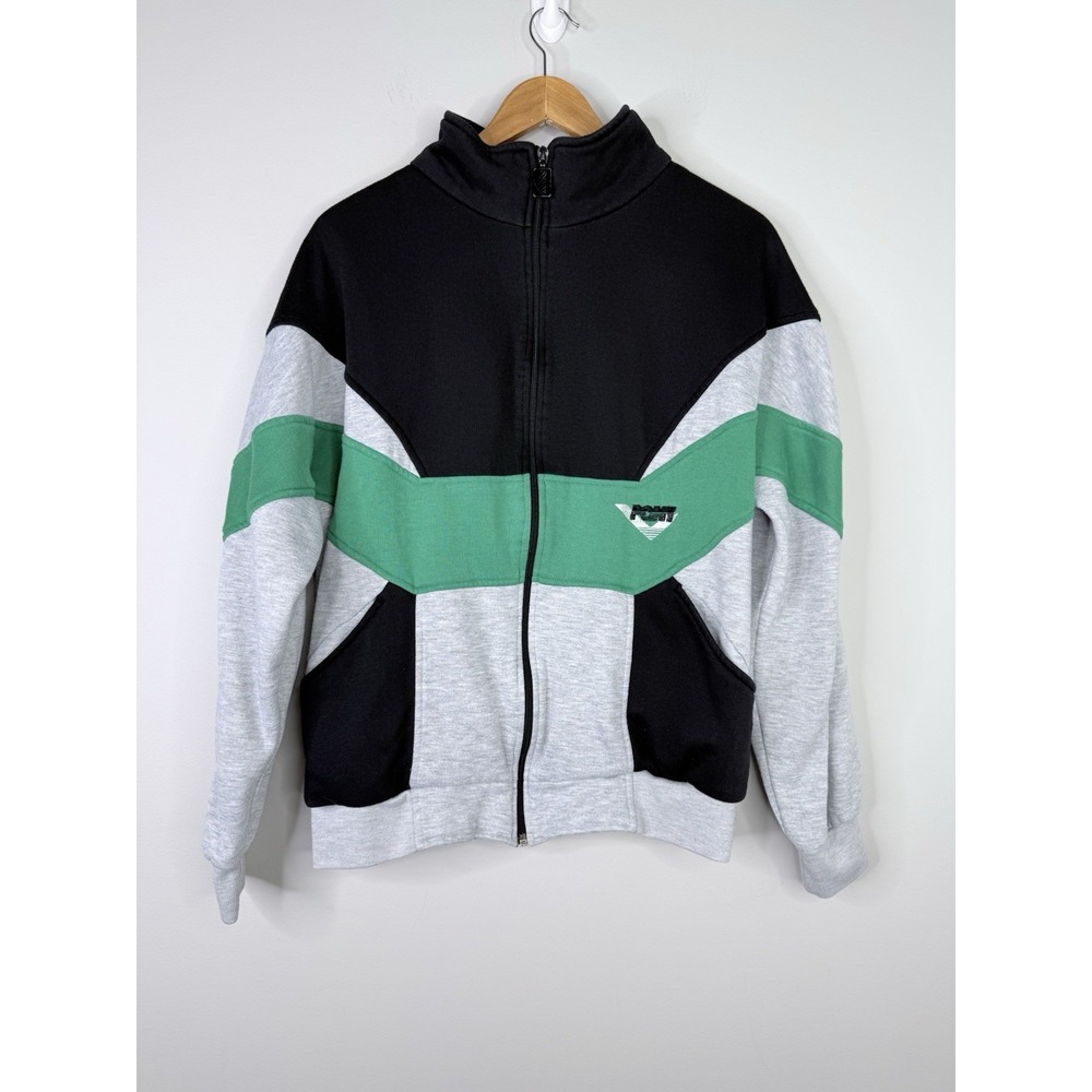 Vintage 90s Pony Full Zip Track Jacket Sweatshirt Colorblock Black Green Large